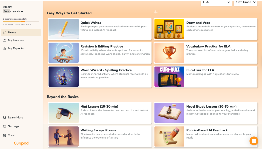 Curipod teacher dashboard view