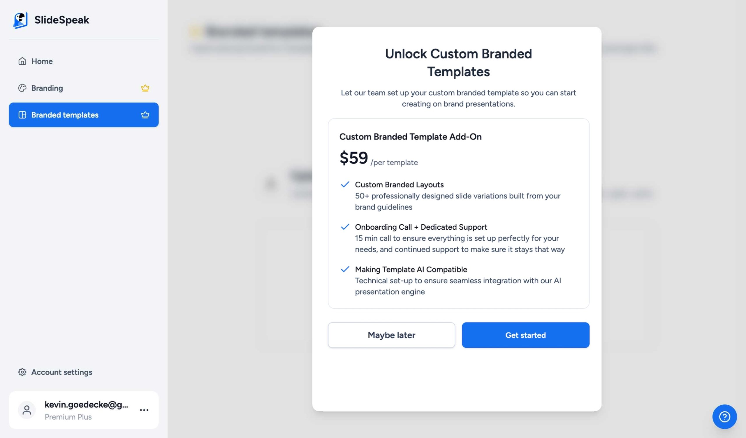 Custom Branded Template Add-on Modal