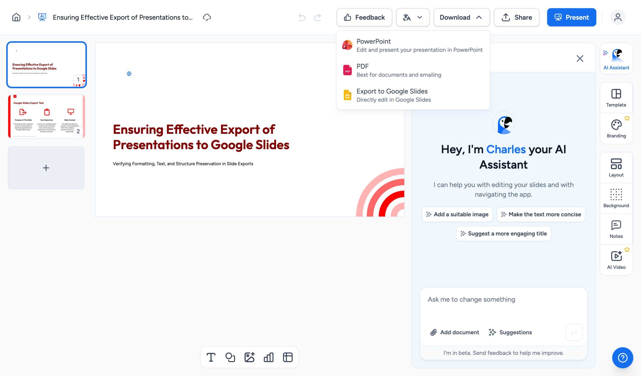 SlideSpeak Download Menu with Google Slides Export Option
