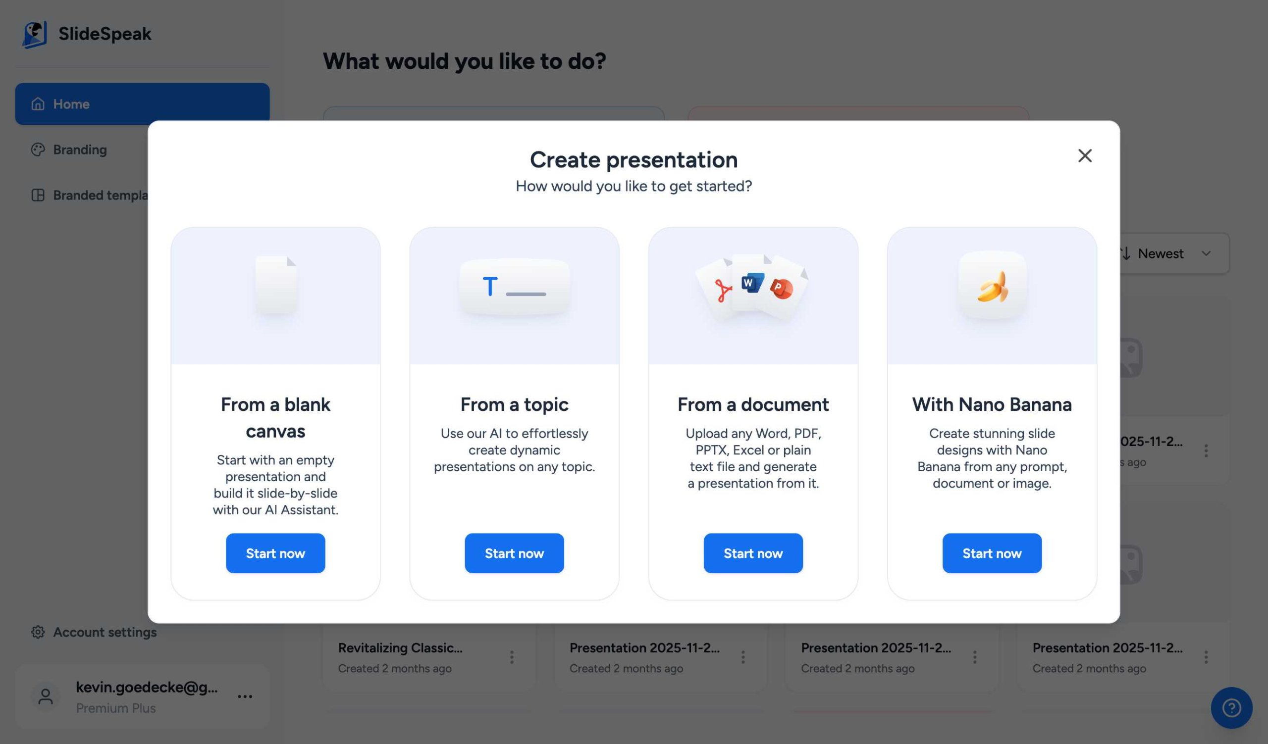 SlideSpeak create dialog showing Nano Banana option