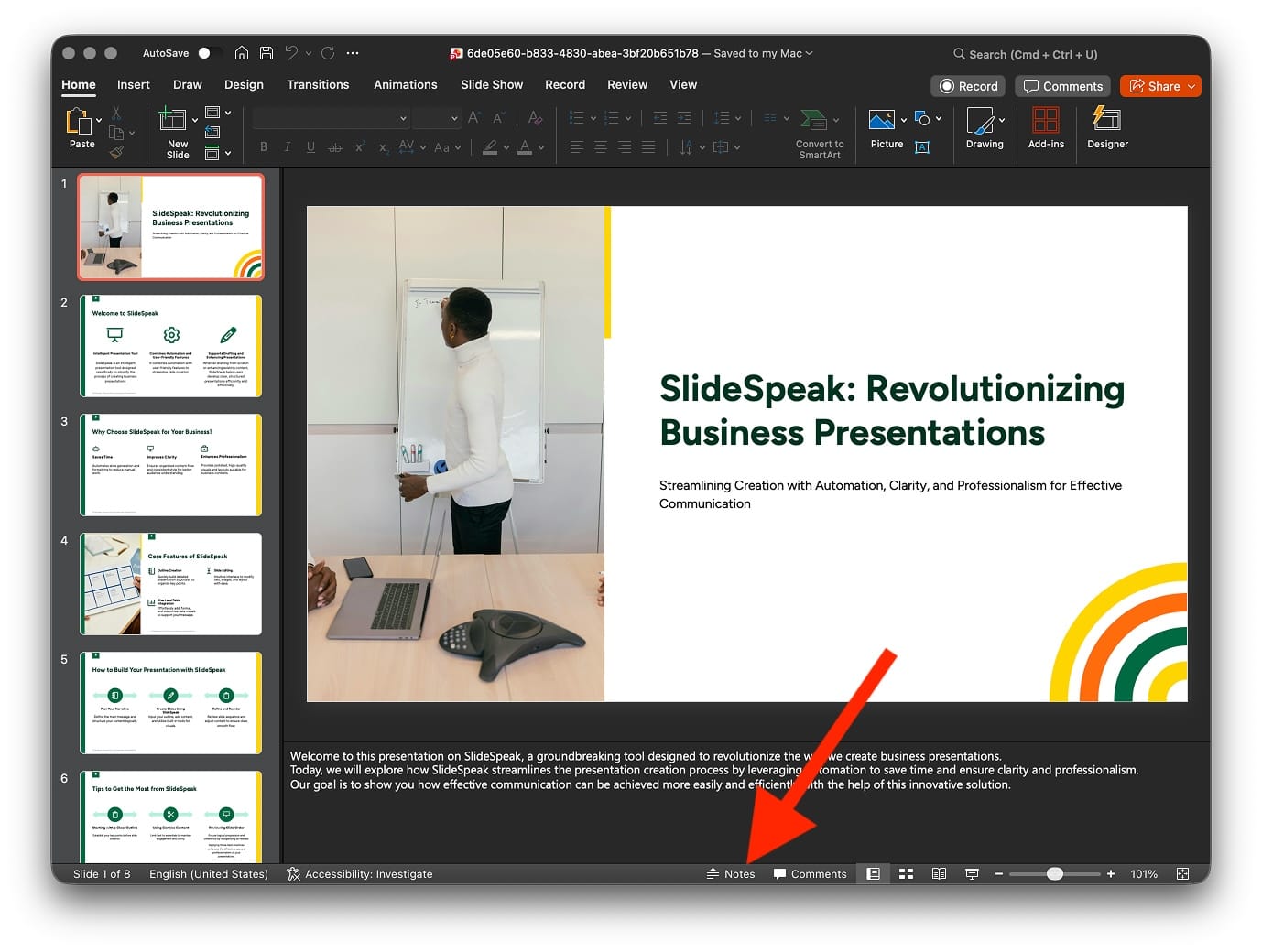 PowerPoint showing the speaker notes pane open below a slide