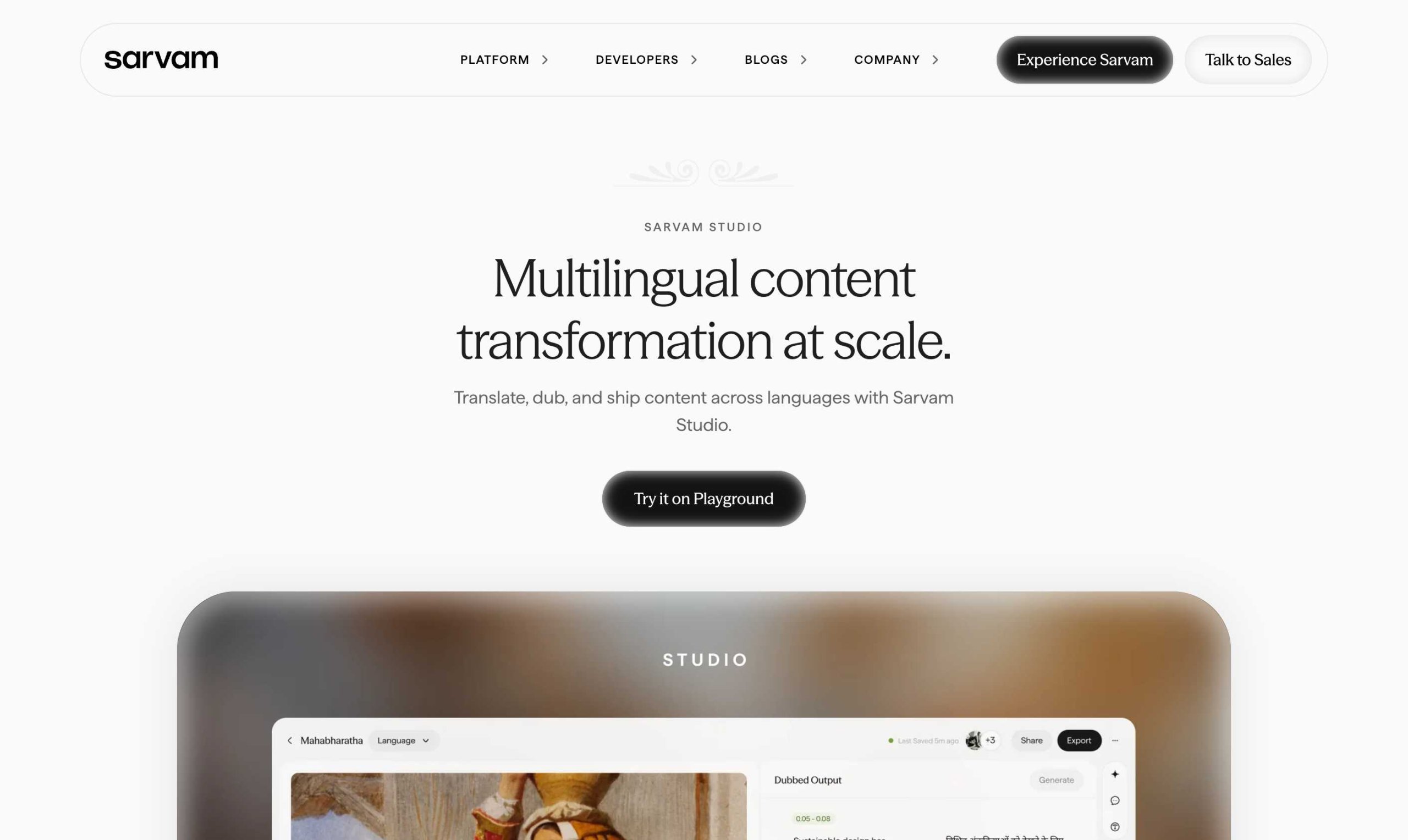 Sarvam Studio Translation Interface
