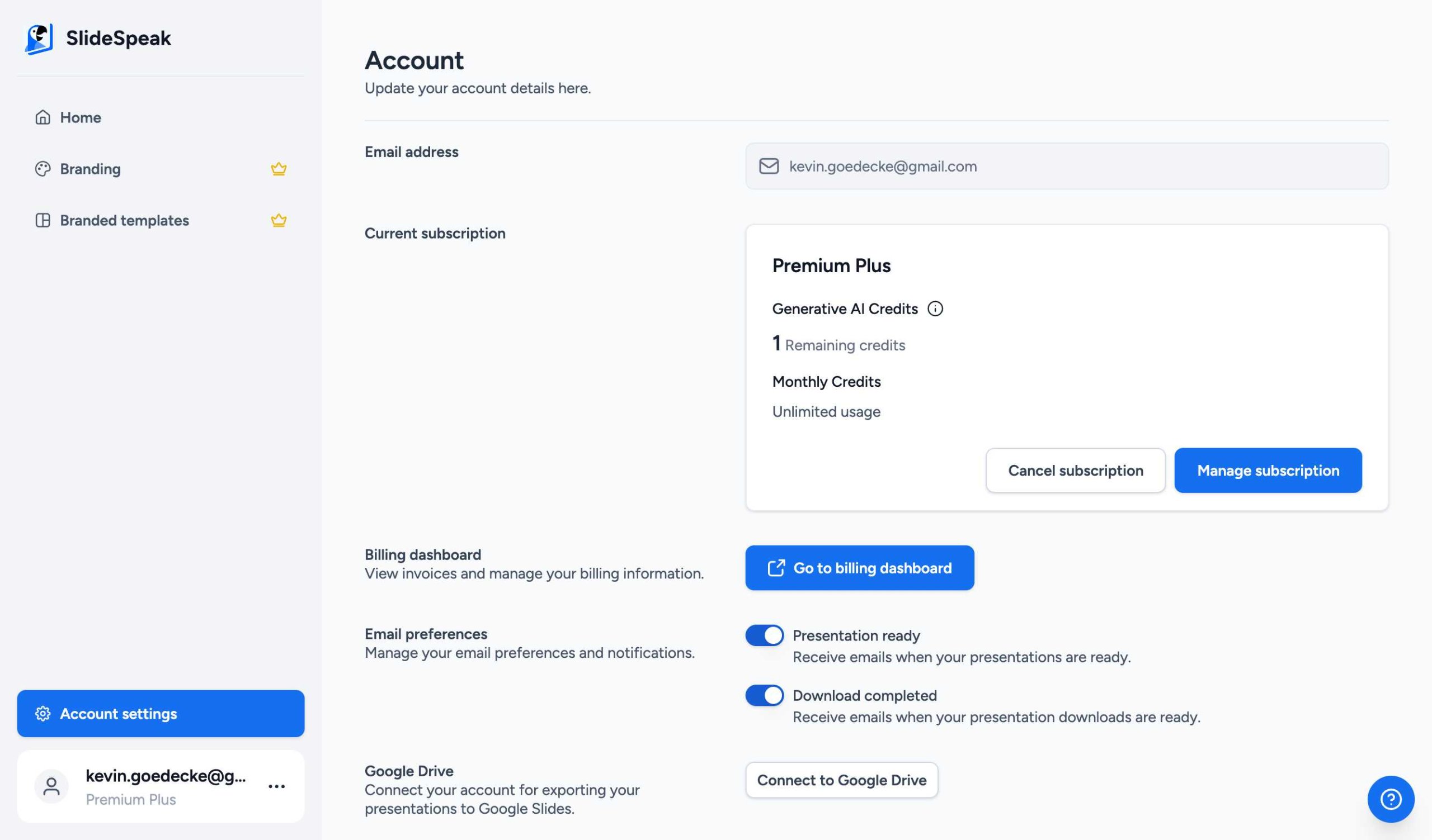 SlideSpeak Account Settings