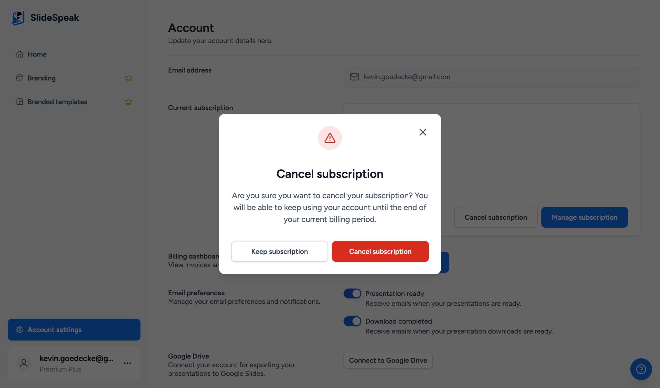 SlideSpeak Cancellation Confirmation Dialog