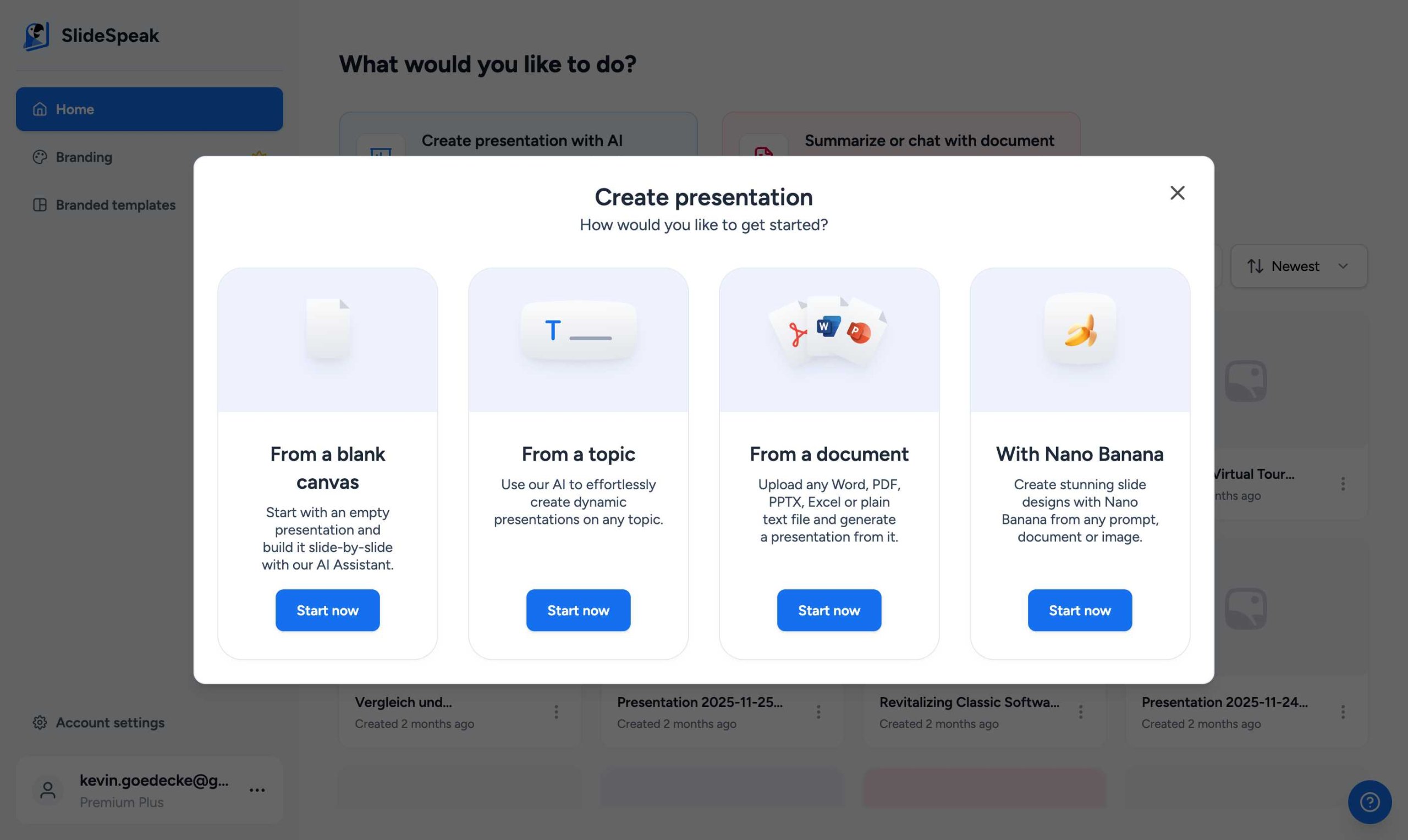 SlideSpeak create presentation dialog with different options