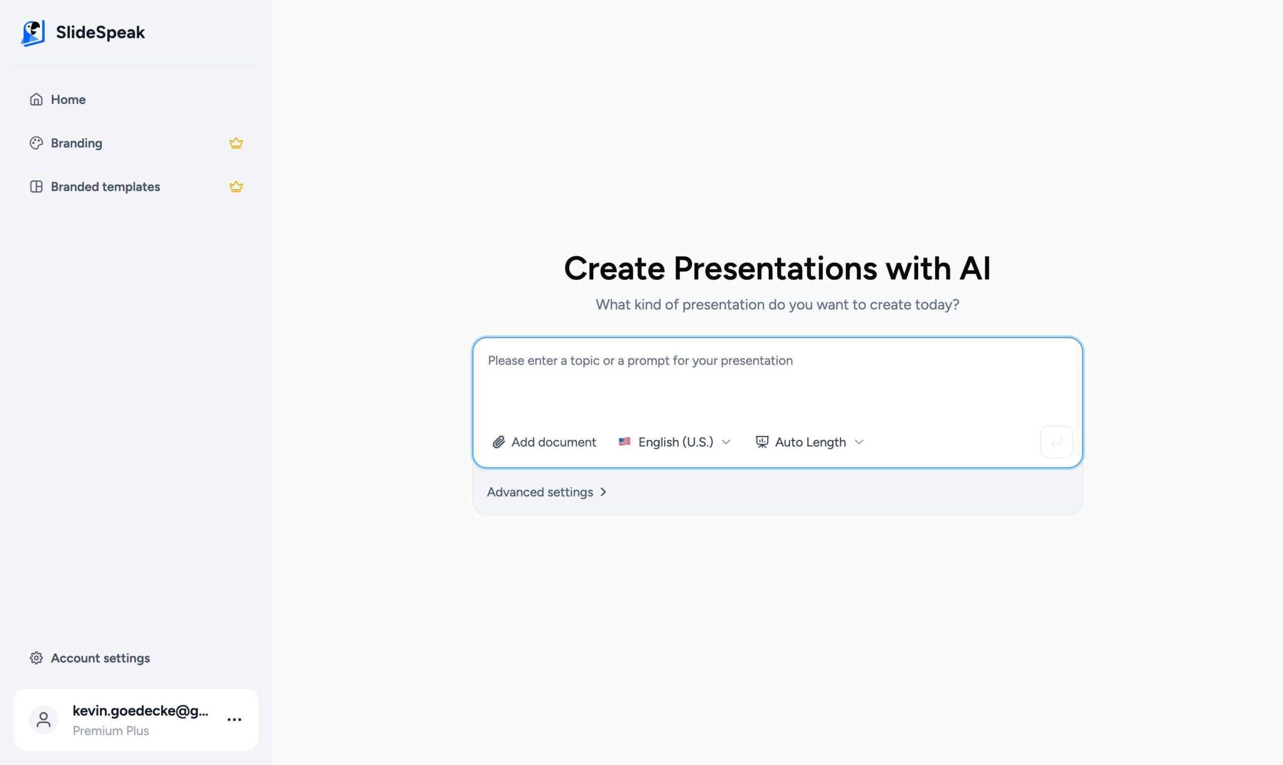 SlideSpeak create presentation home with language picker