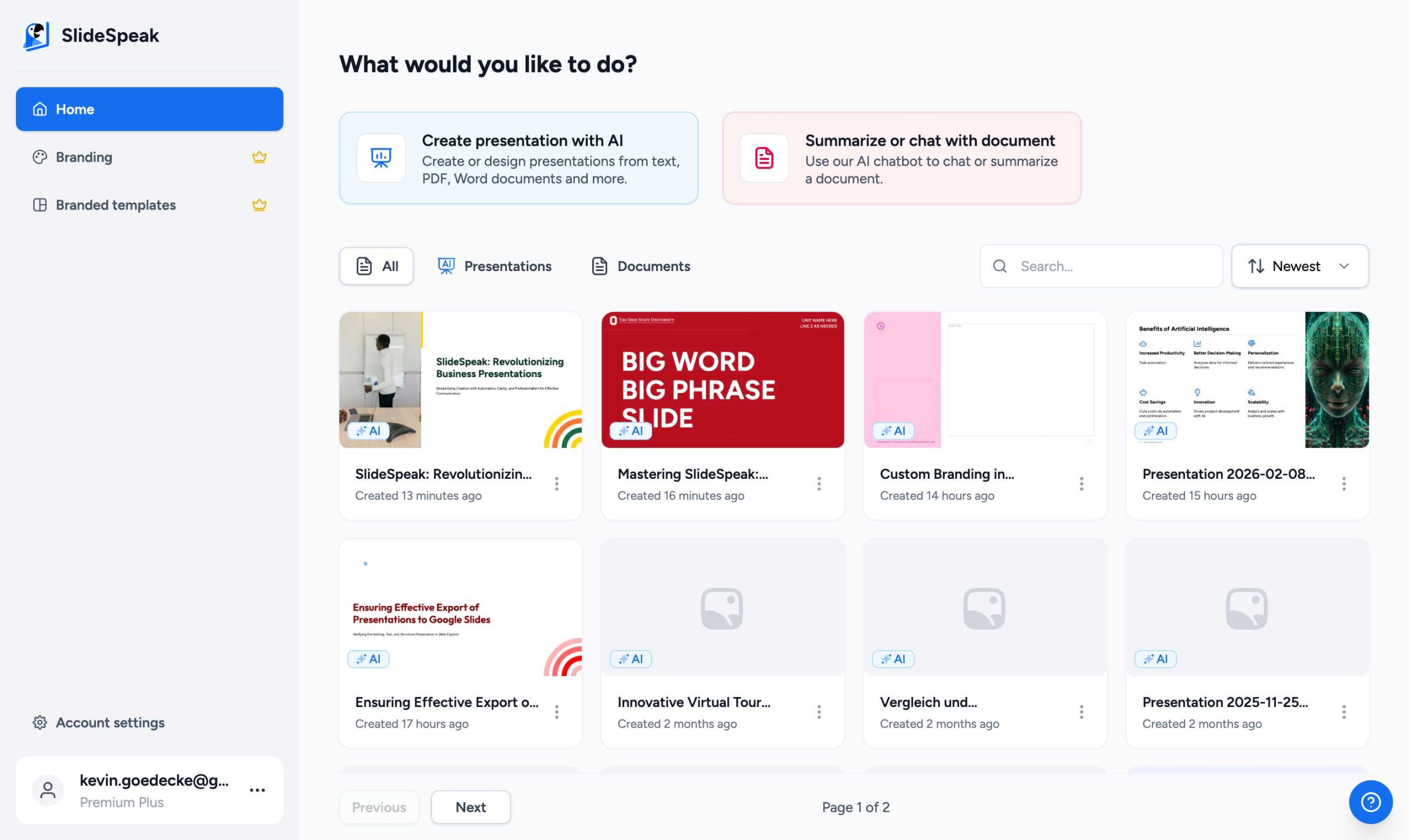 SlideSpeak Dashboard showing Create Presentation button