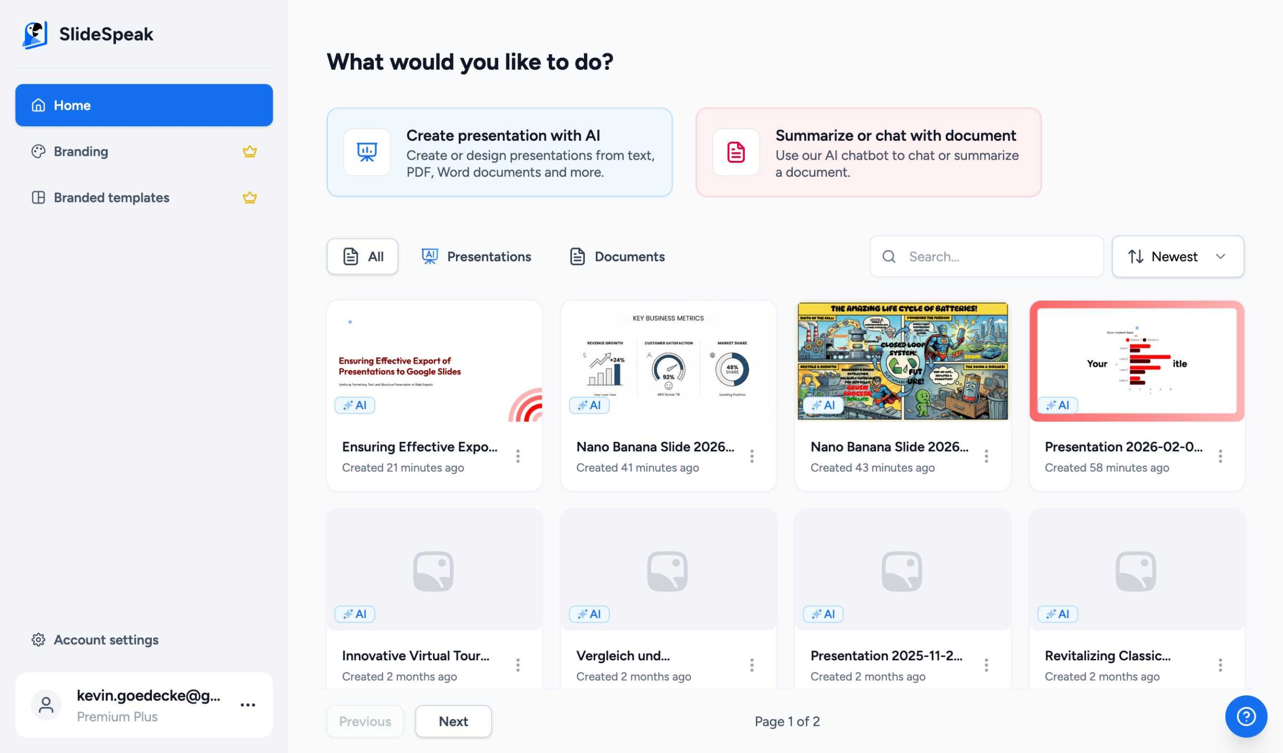 SlideSpeak Dashboard Logged In