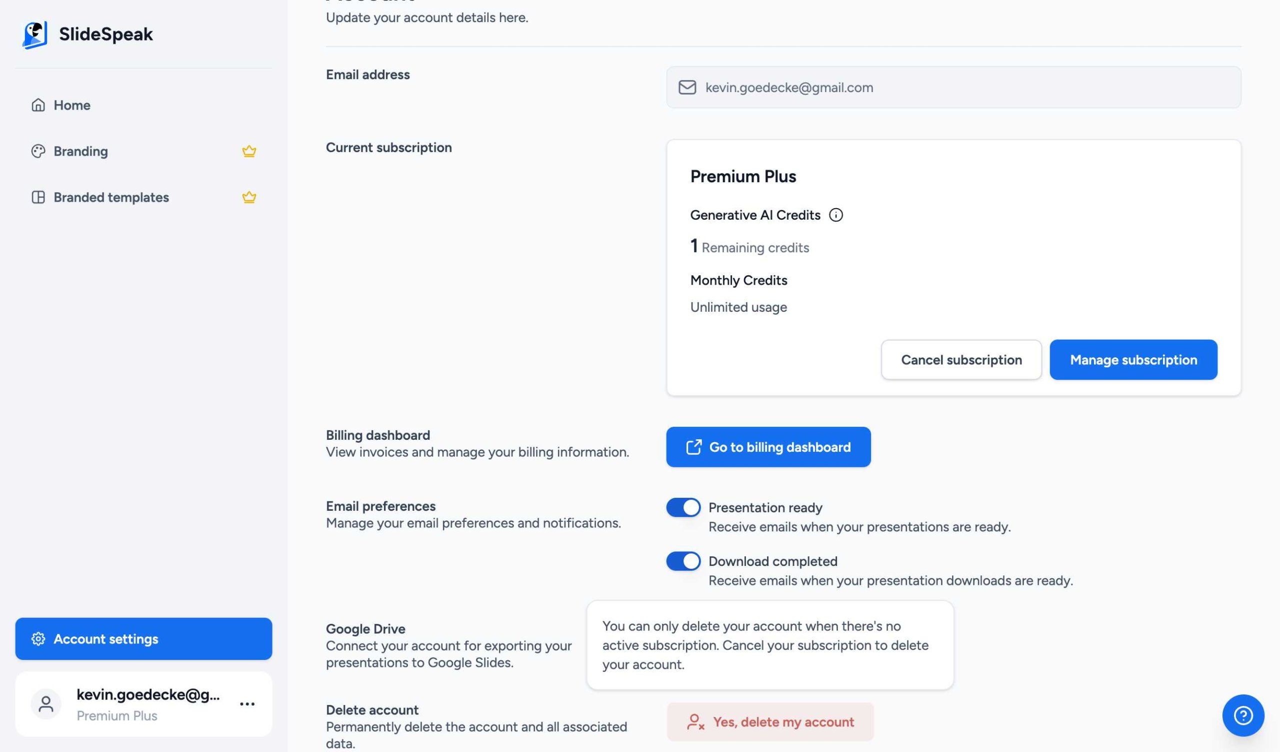 SlideSpeak Delete Account Subscription Requirement
