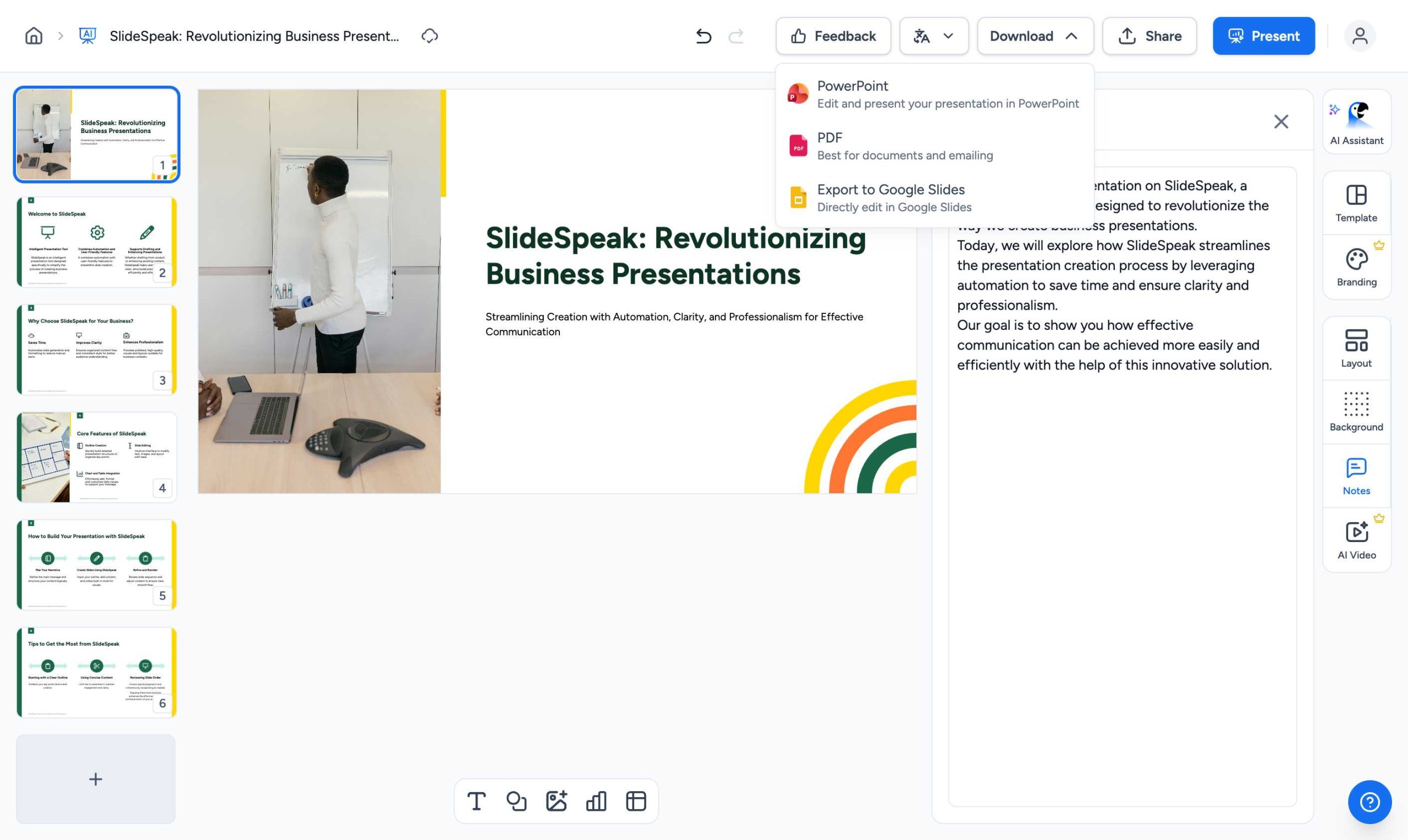 SlideSpeak download menu with PowerPoint and PDF options