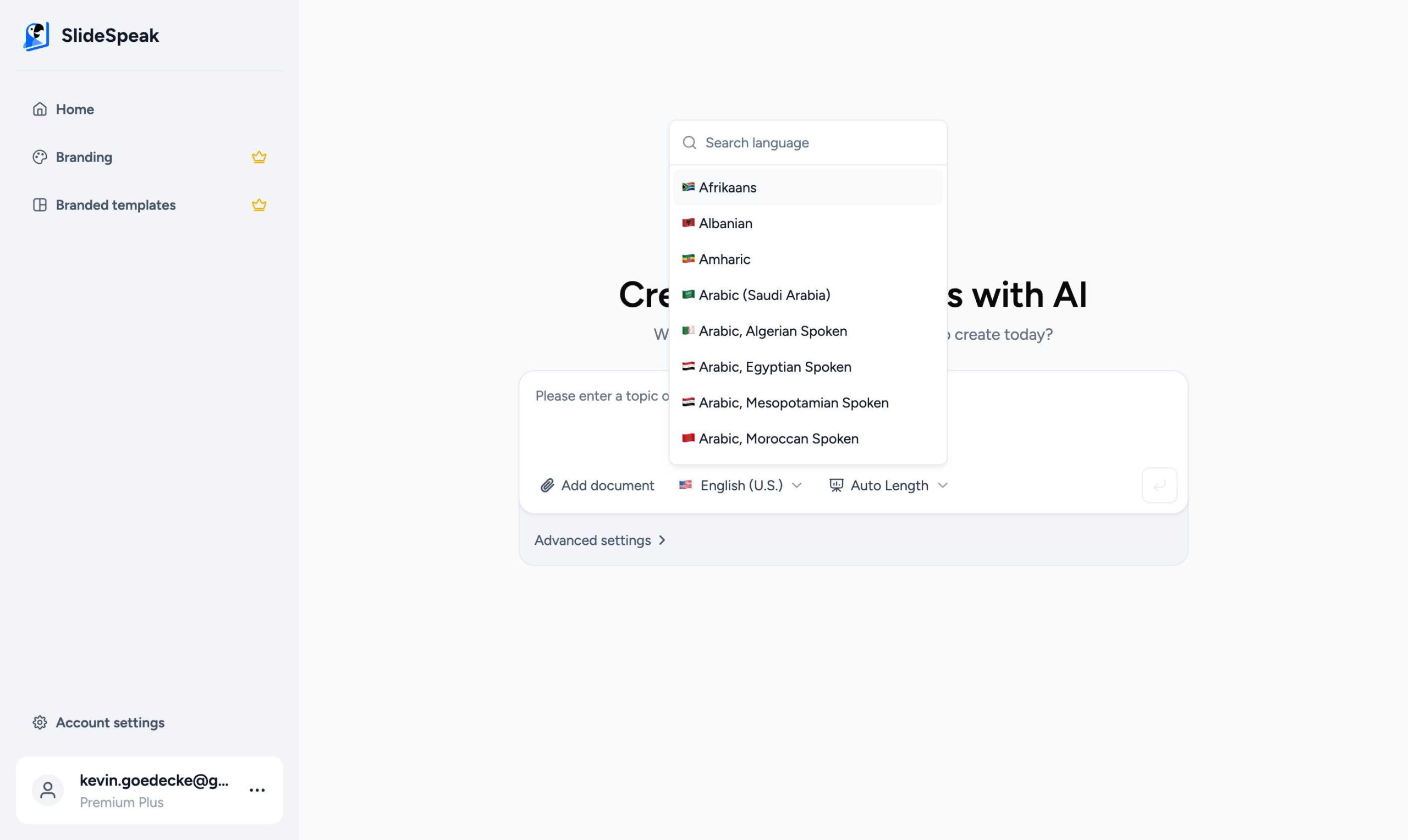 SlideSpeak language list dropdown