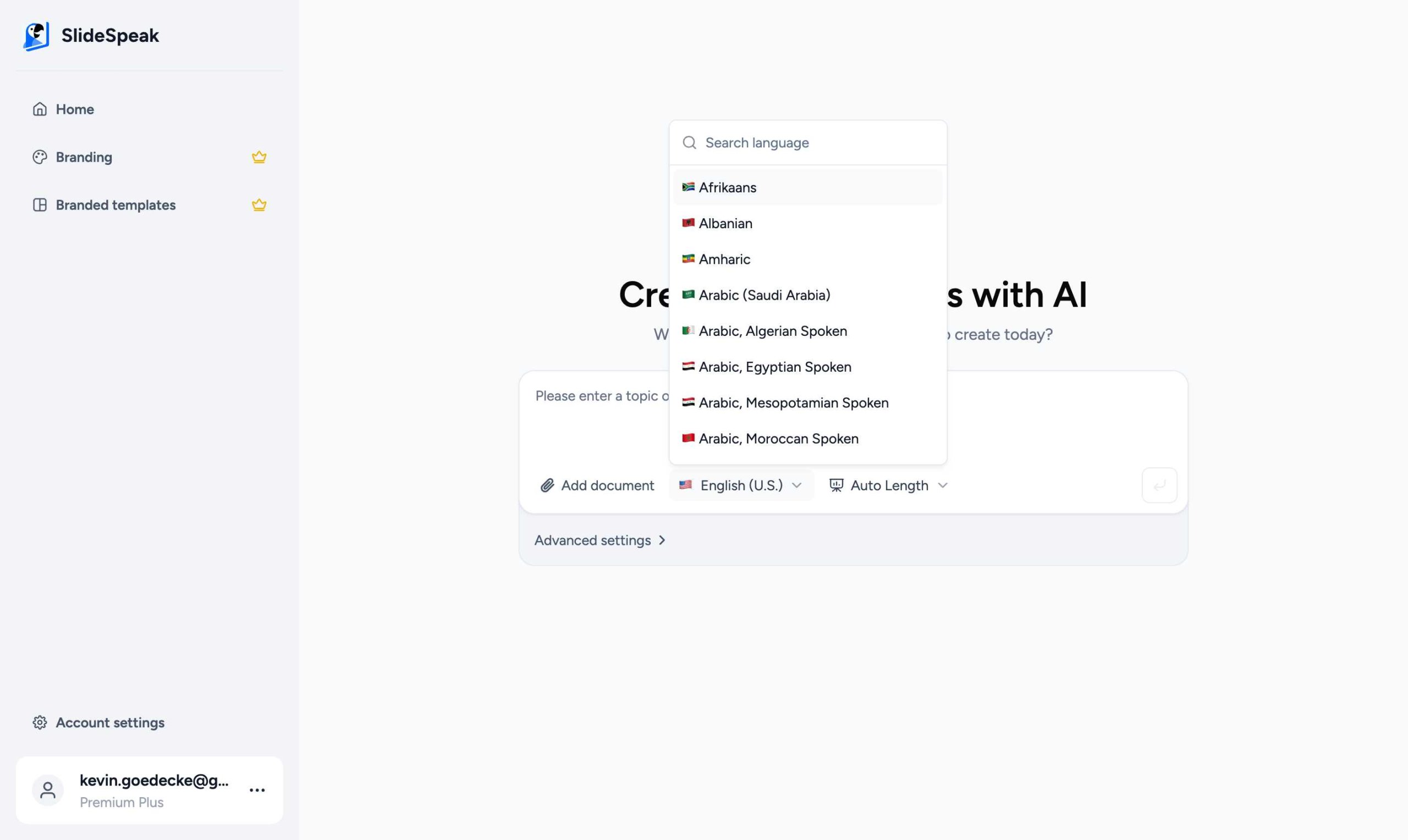 SlideSpeak language selection dropdown showing multiple languages