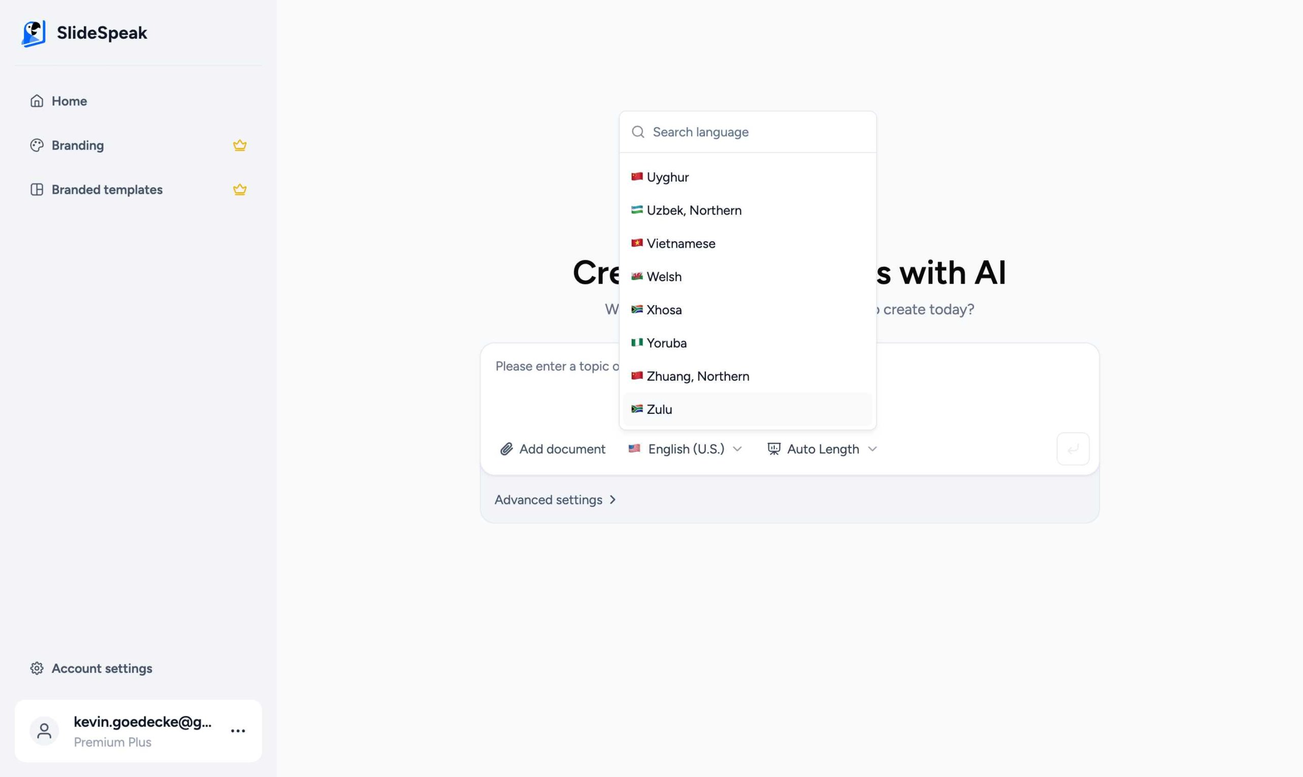 SlideSpeak language selection dropdown showing more supported languages