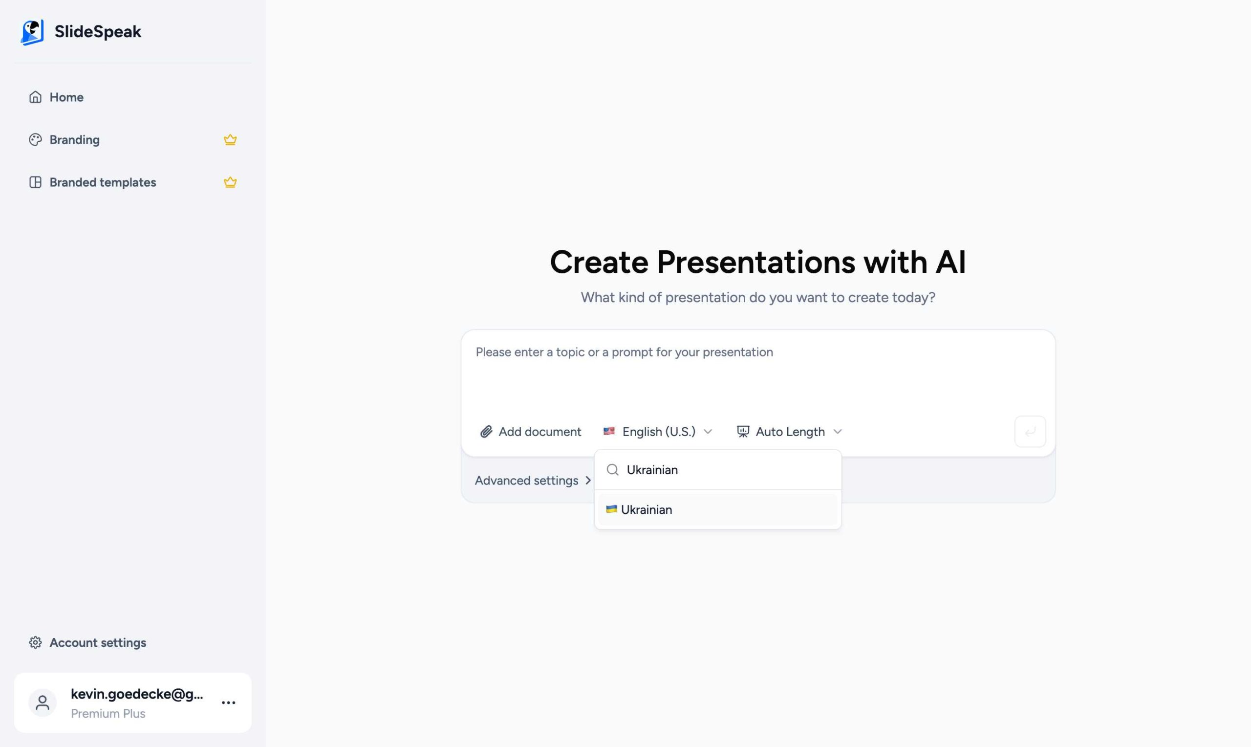 Searching for a language in SlideSpeak