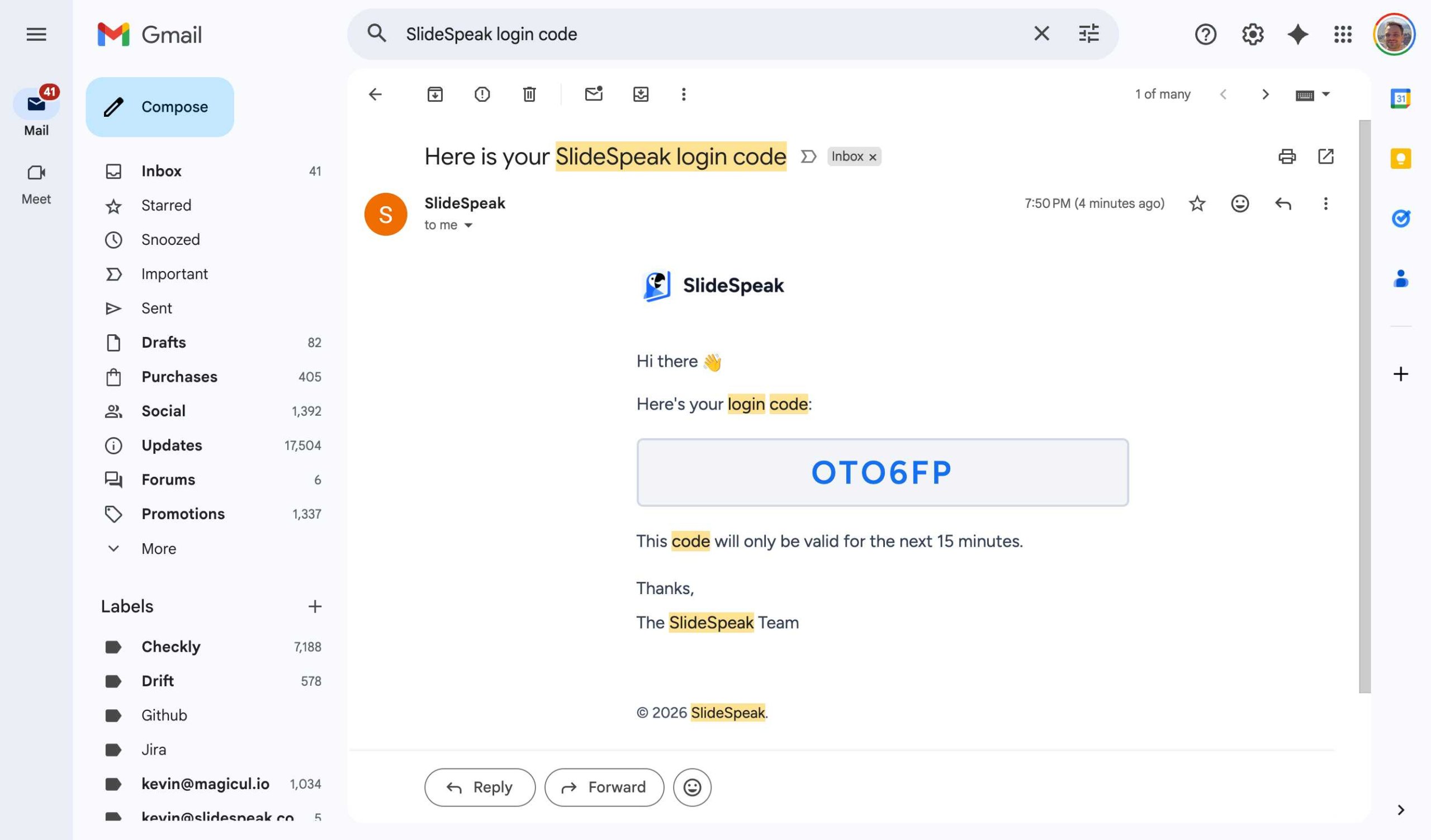SlideSpeak Login Code Email in Gmail