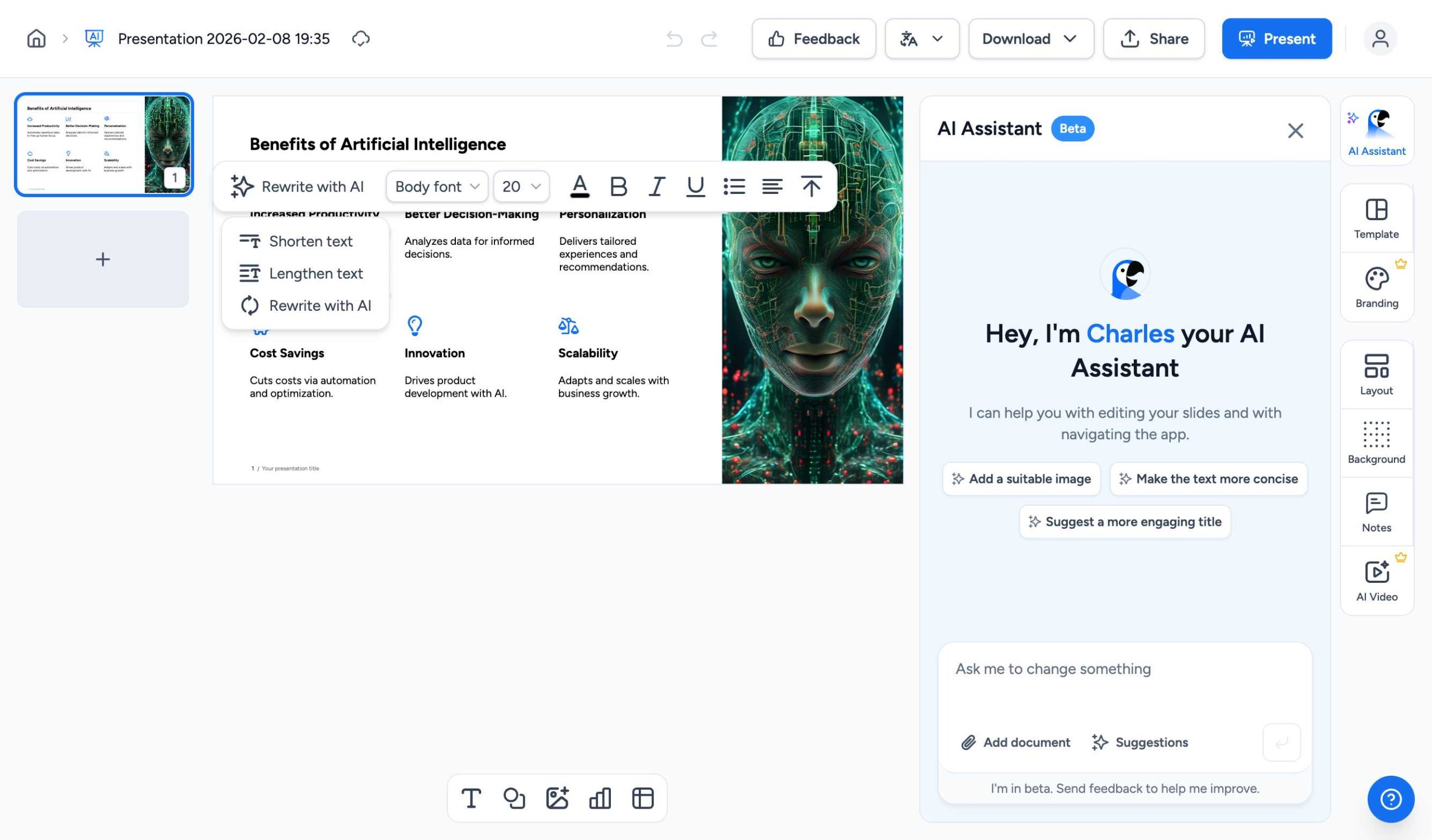 SlideSpeak Rewrite with AI options