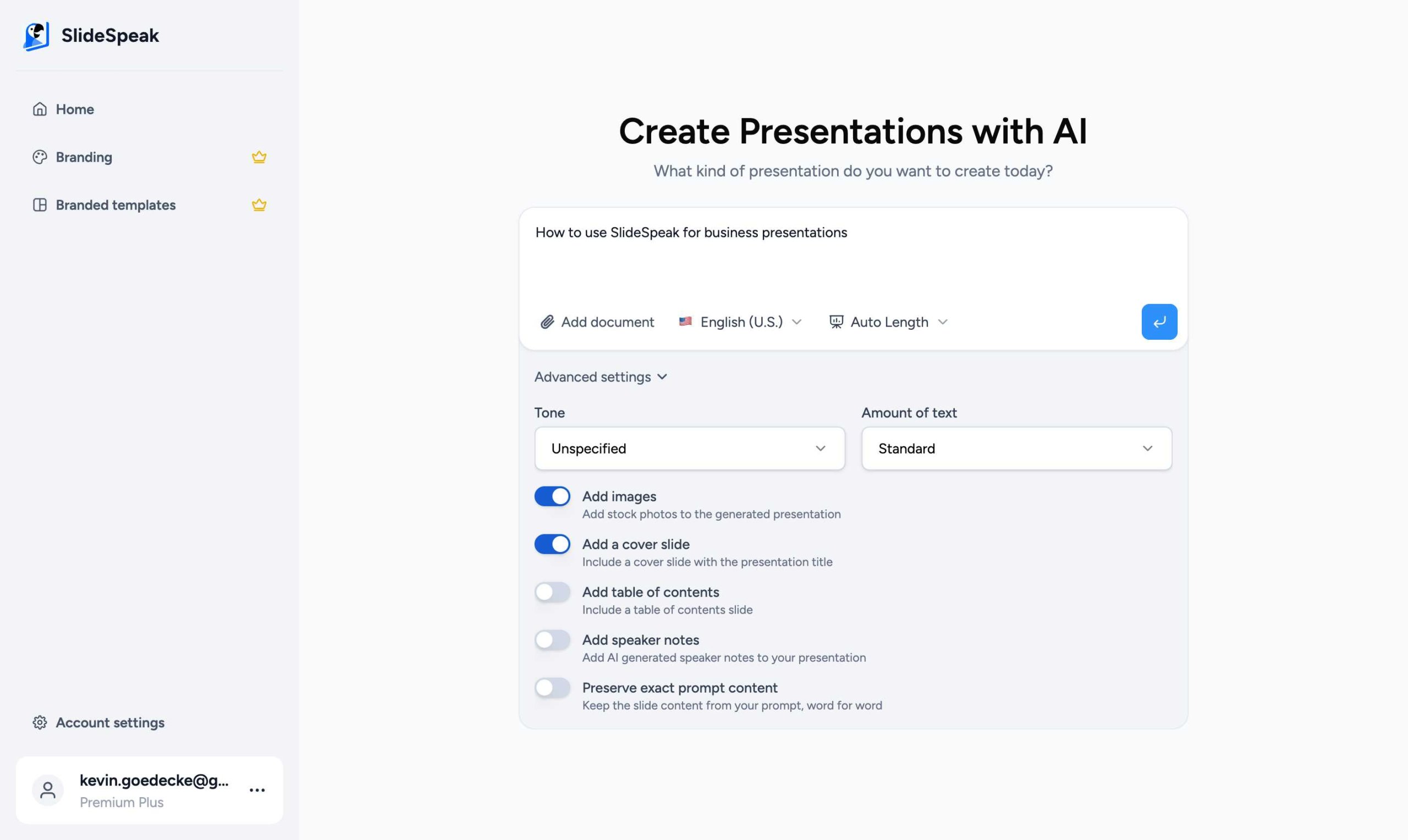SlideSpeak advanced settings showing the speaker notes toggle