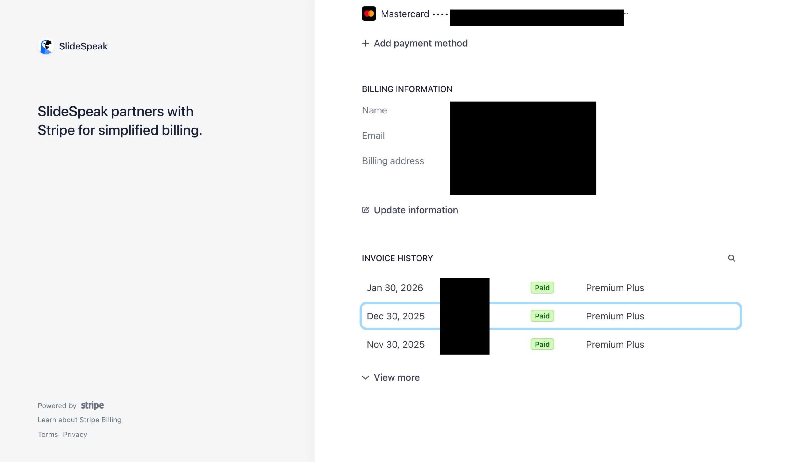 SlideSpeak Stripe Billing Portal Invoice History
