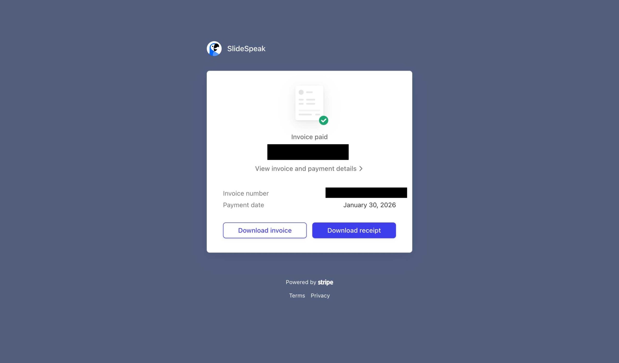SlideSpeak Invoice download page on Stripe