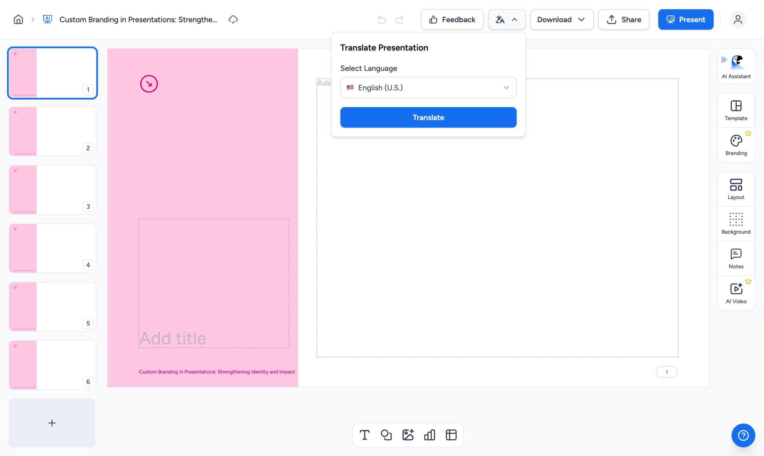 SlideSpeak Translate Presentation dialog showing language selection