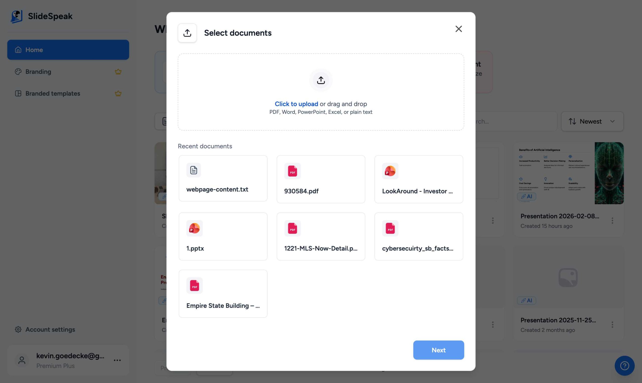 SlideSpeak Upload Dialog showing supported file types