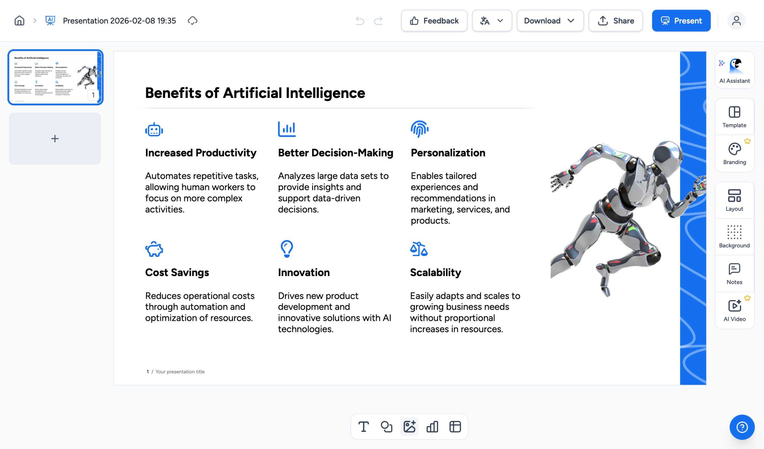 SlideSpeak bottom toolbar with add image button highlighted