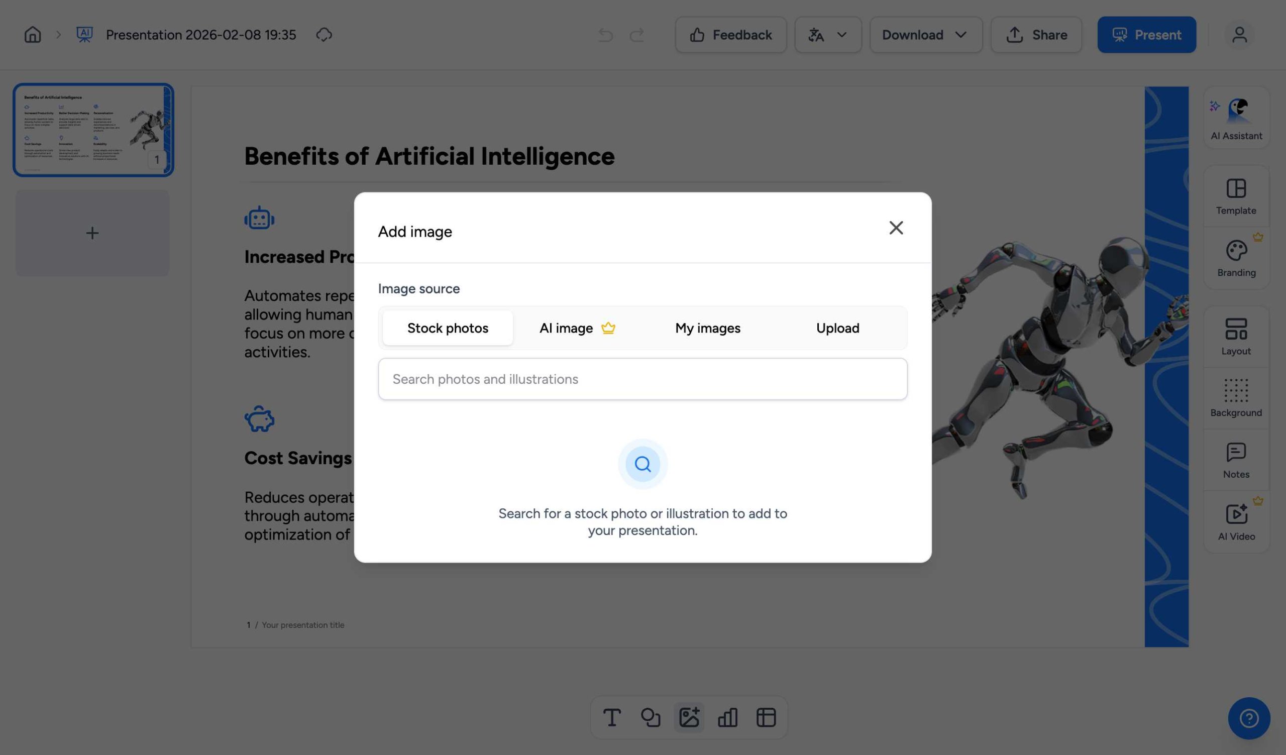 SlideSpeak add image dialog showing different source options