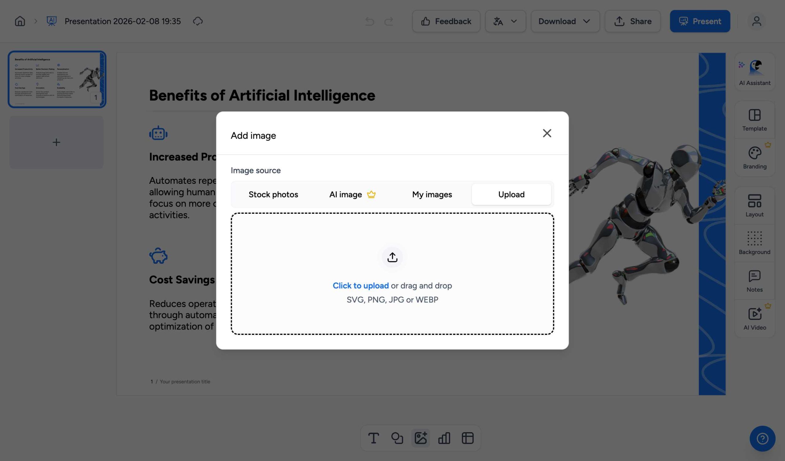 SlideSpeak upload tab for adding custom images
