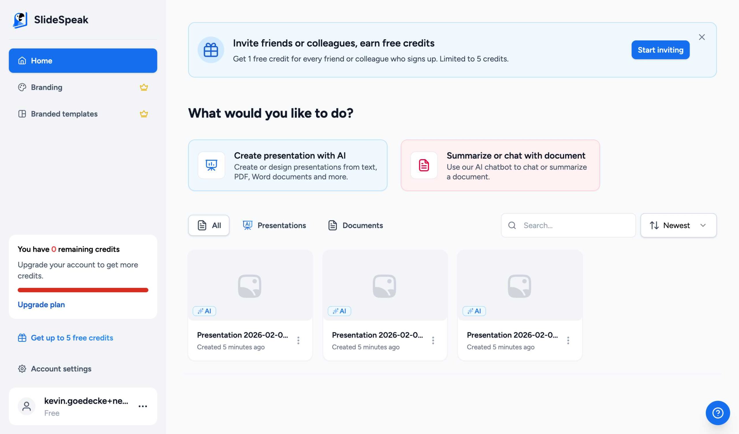 SlideSpeak homepage with Create presentation button