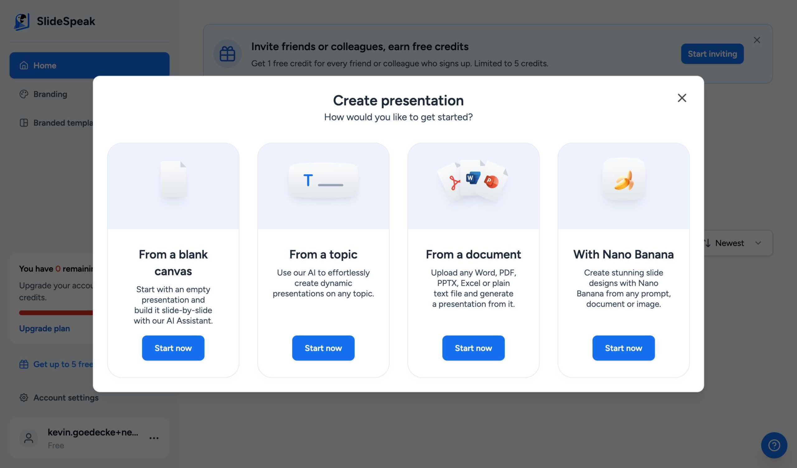 Create presentation dialog showing From a blank canvas option