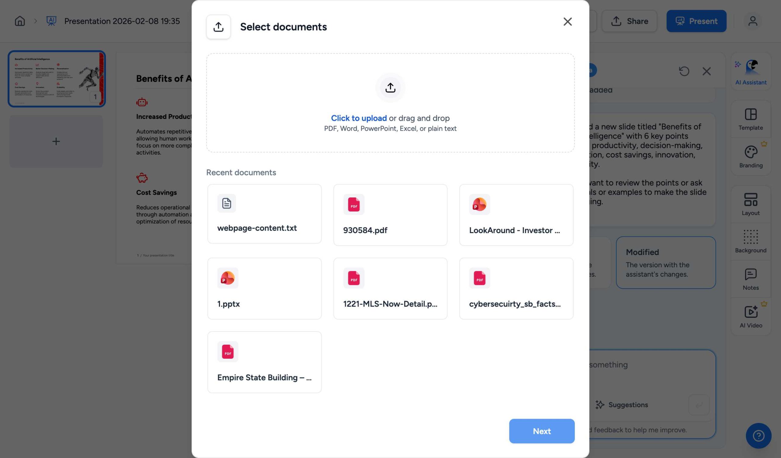 Document upload dialog for creating slides from documents