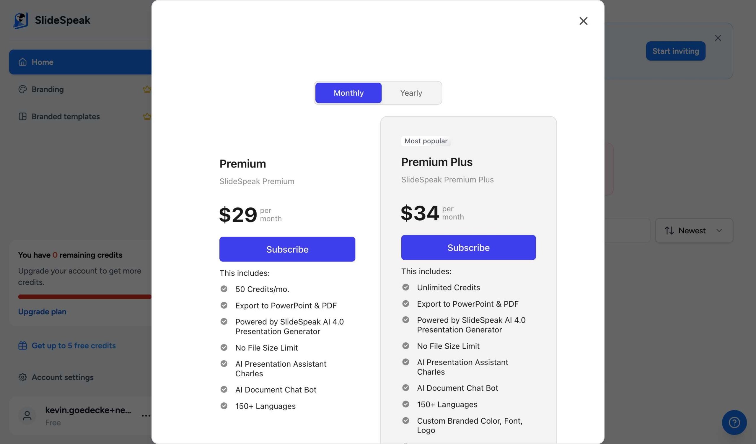 SlideSpeak Pricing Plans selection modal