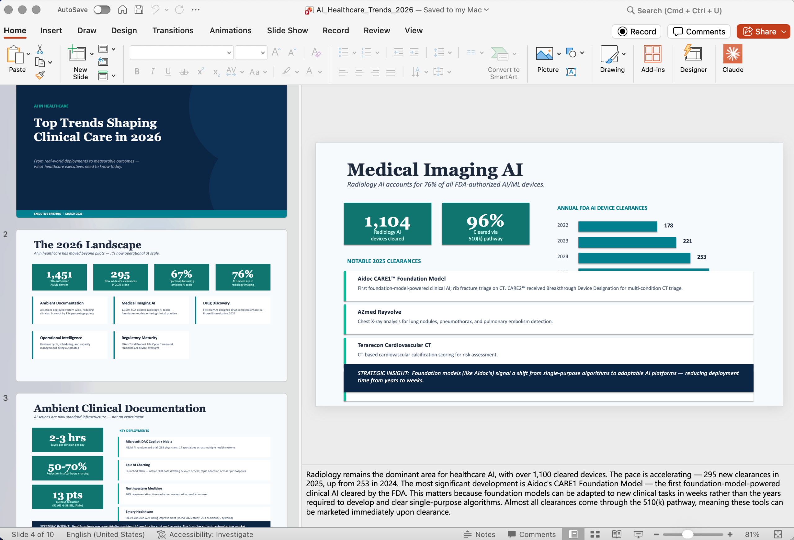 The finished presentation opened in PowerPoint showing slides for Top Trends Shaping Clinical Care in 2026 with statistics and charts