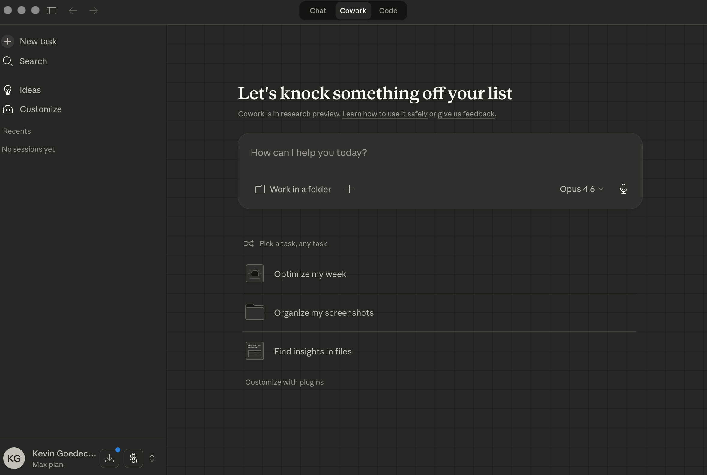 The Claude Cowork interface showing the Cowork tab selected, task suggestions, and the Opus 4.6 model selector