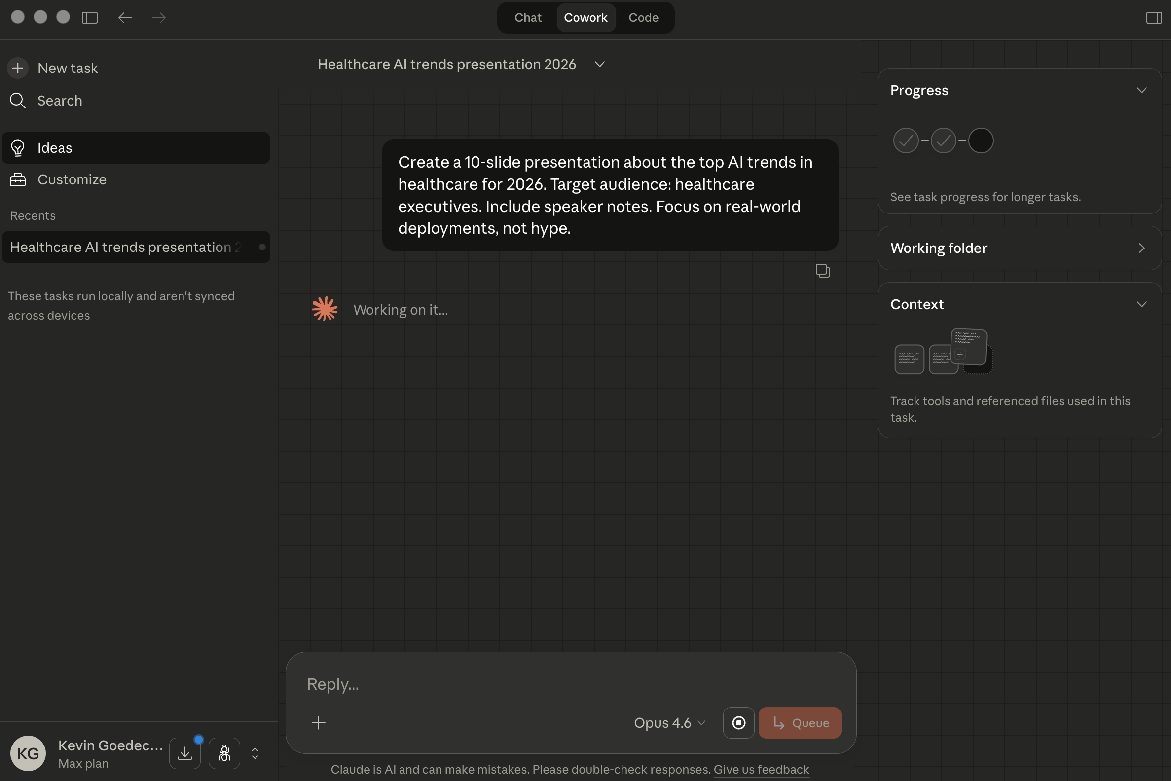 Cowork actively working on the presentation with Progress panel showing completed research and building steps