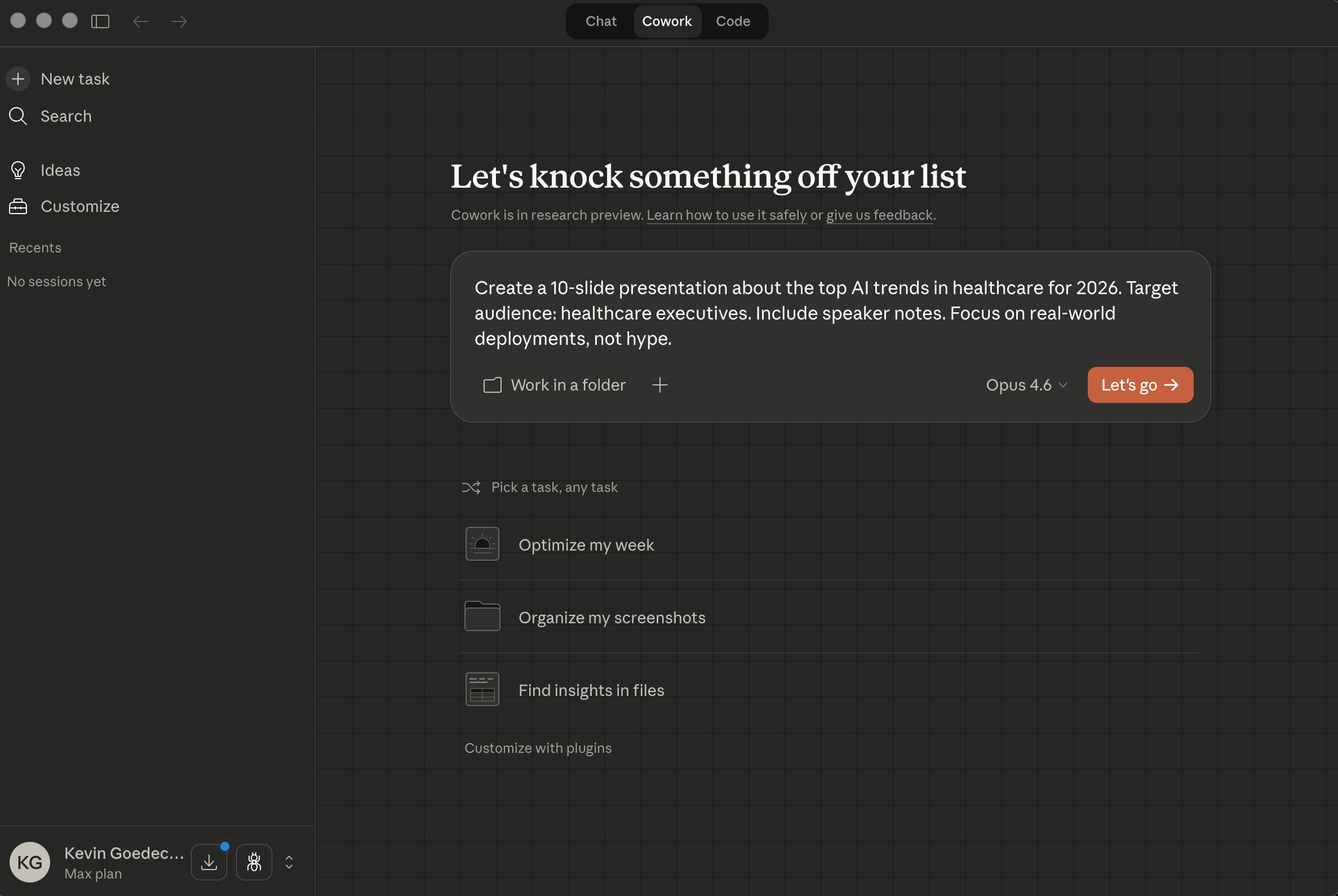 Cowork with a presentation prompt typed in and the orange Lets go button ready