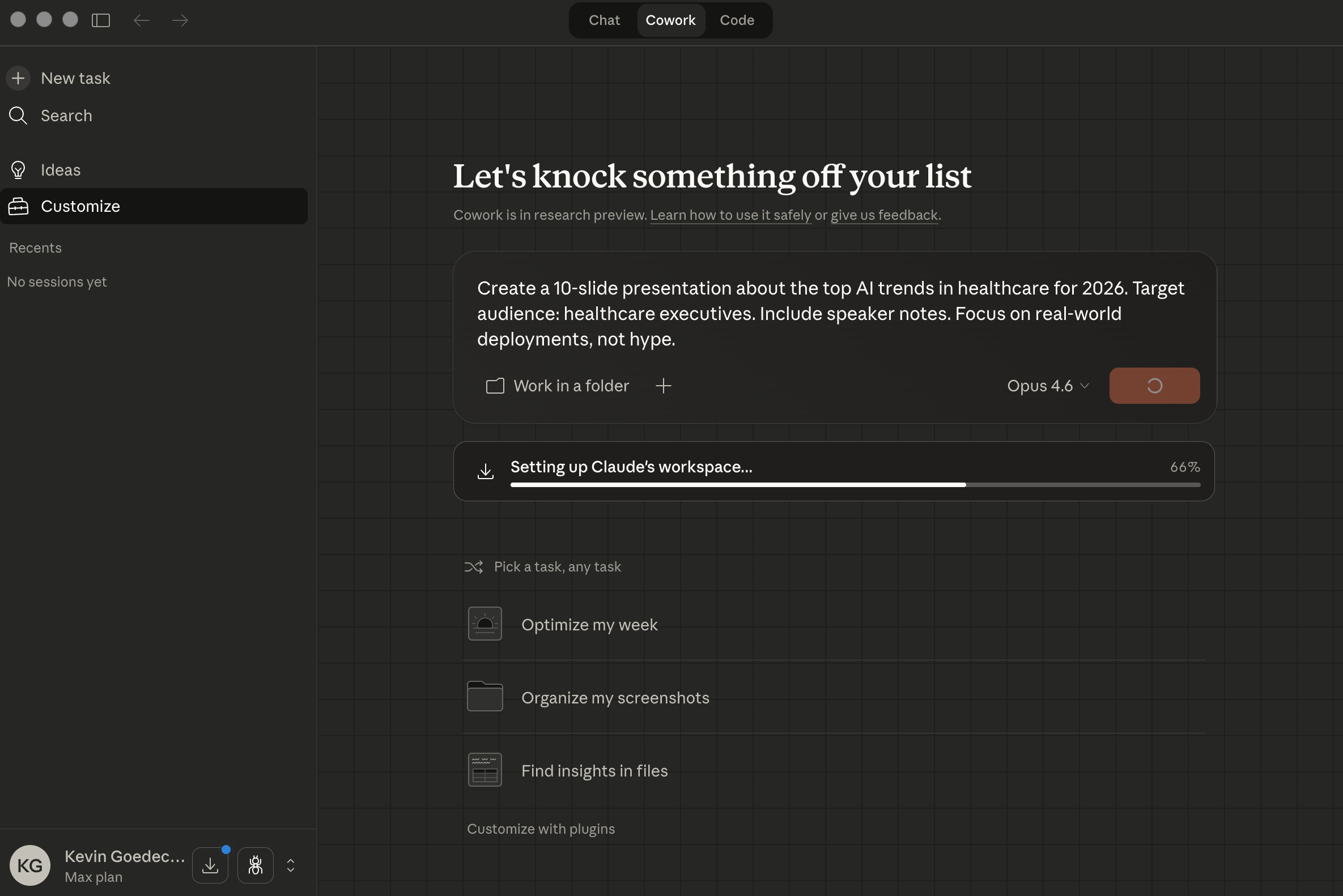 Cowork showing Setting up Claudes workspace with a 66 percent progress bar