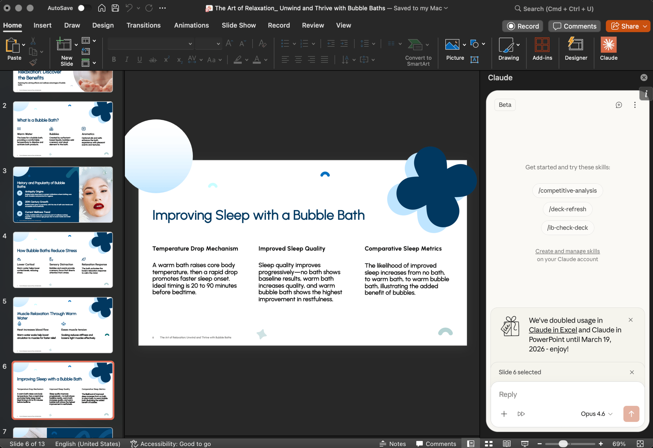 PowerPoint with the Claude add-in panel open on the right side showing Skills