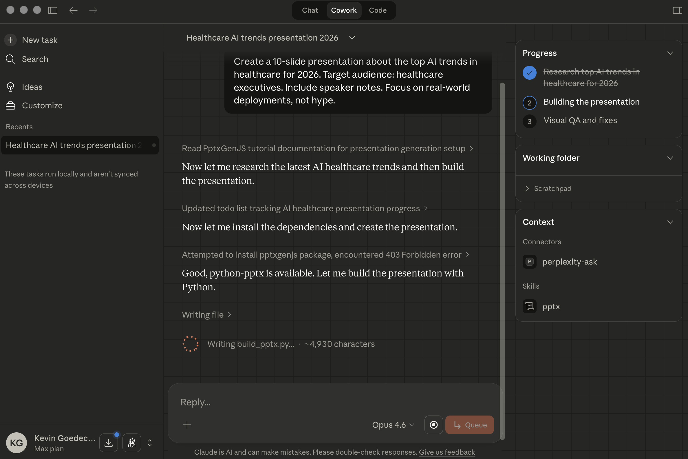 Cowork writing the presentation build script with python-pptx