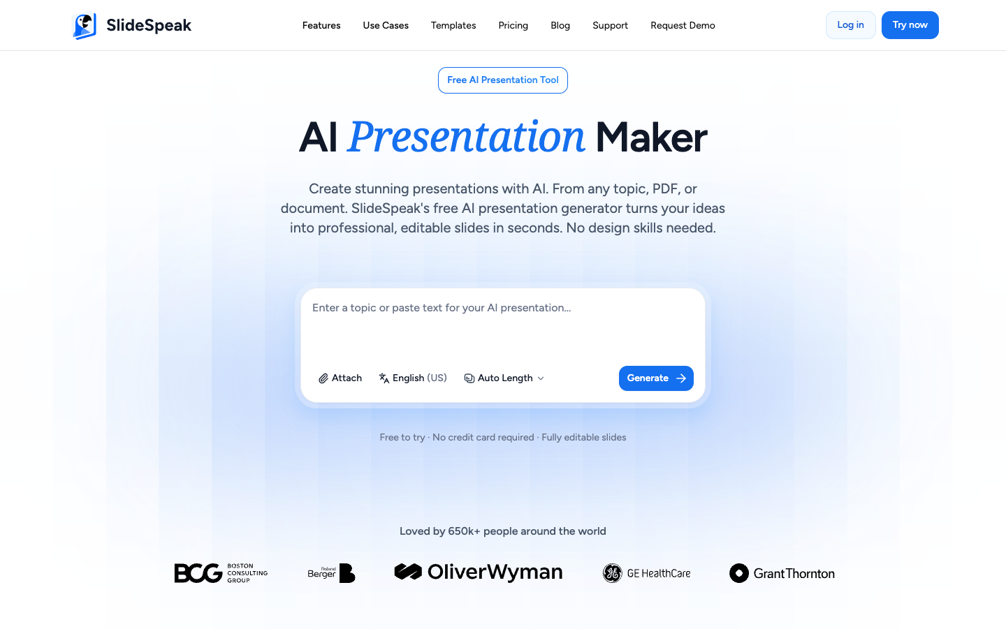 SlideSpeak AI Presentation Maker — enter a topic or paste text and generate professional slides