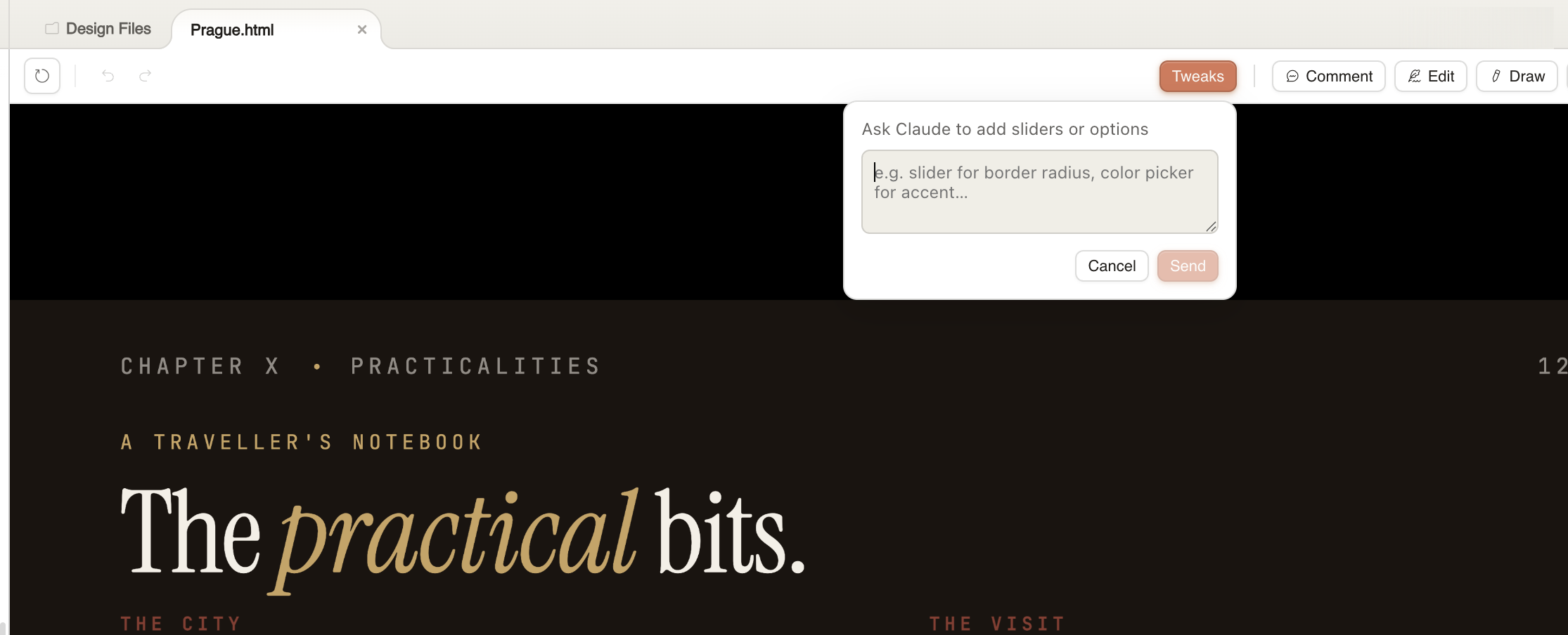 Claude Design Tweaks dialog allowing you to ask Claude to add sliders or options to the presentation