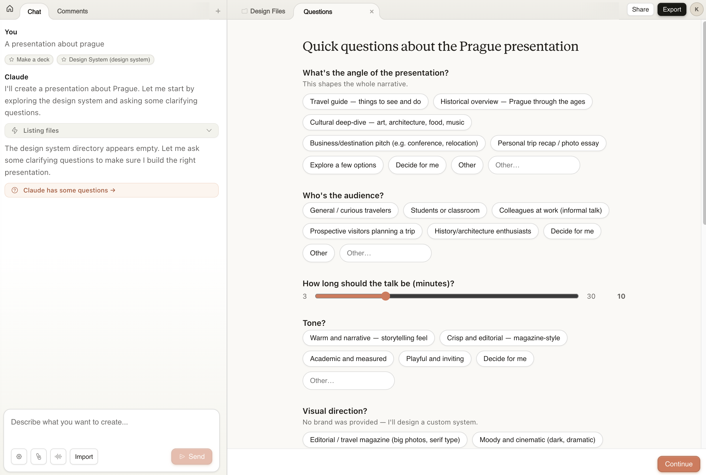 Claude Design asking clarifying questions about the presentation including angle, audience, duration, tone, and visual direction