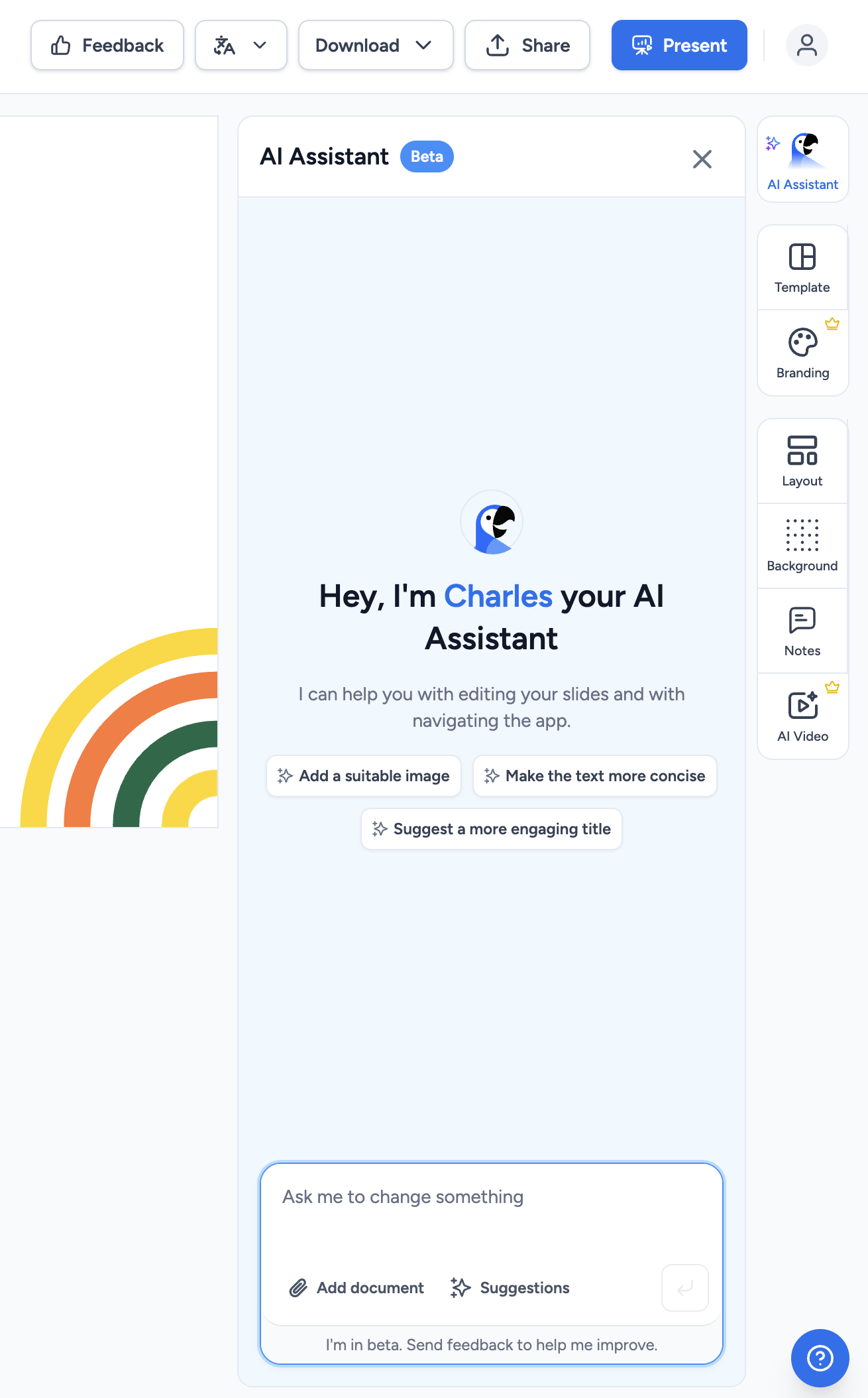 SlideSpeak AI Assistant Charles offering suggestions like Add a suitable image, Make the text more concise, and Suggest a more engaging title