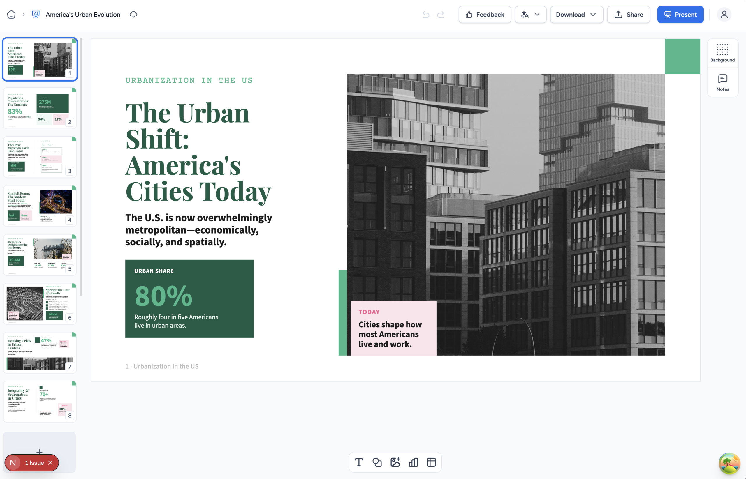 SlideSpeak generated presentation showing The Urban Shift: Americas Cities Today with professional layout, data visualizations, and editable slides
