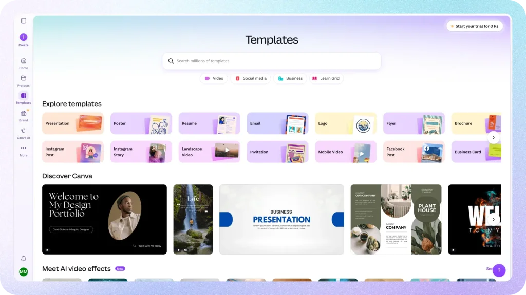 canva main dashboard showing templates