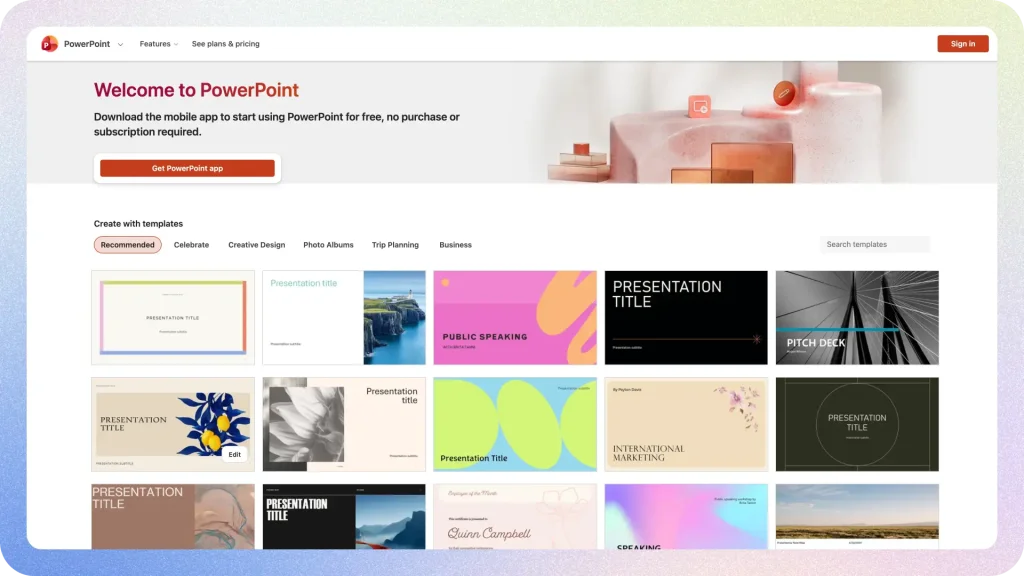 Microsoft powerpoint app showing a library of templates