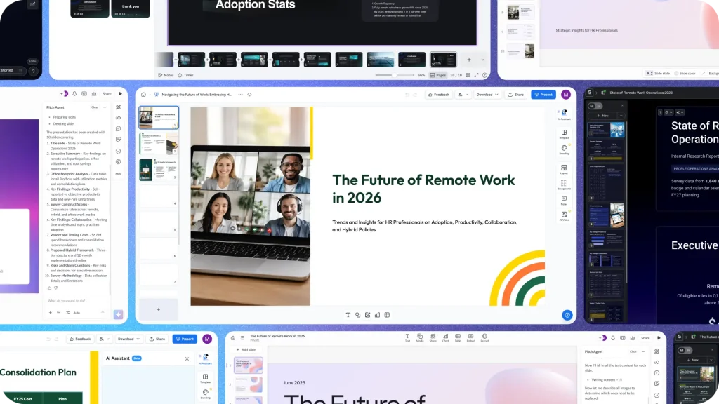 Carousel of images showing output from tome alternatives, slidespeak in the center, gamma, canva and pitch around the sides