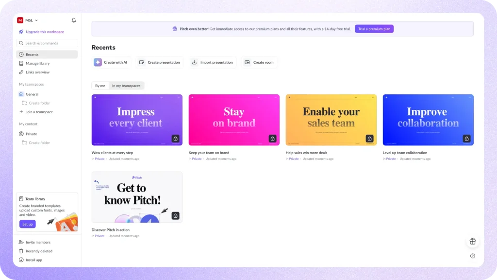 pitch ai main app dashboard showing recent templates