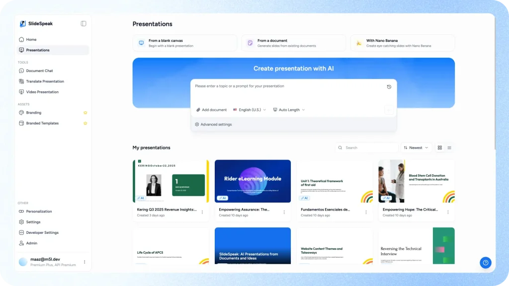 slide speak app main dashboard showing generate presentation screen and existing presentations
