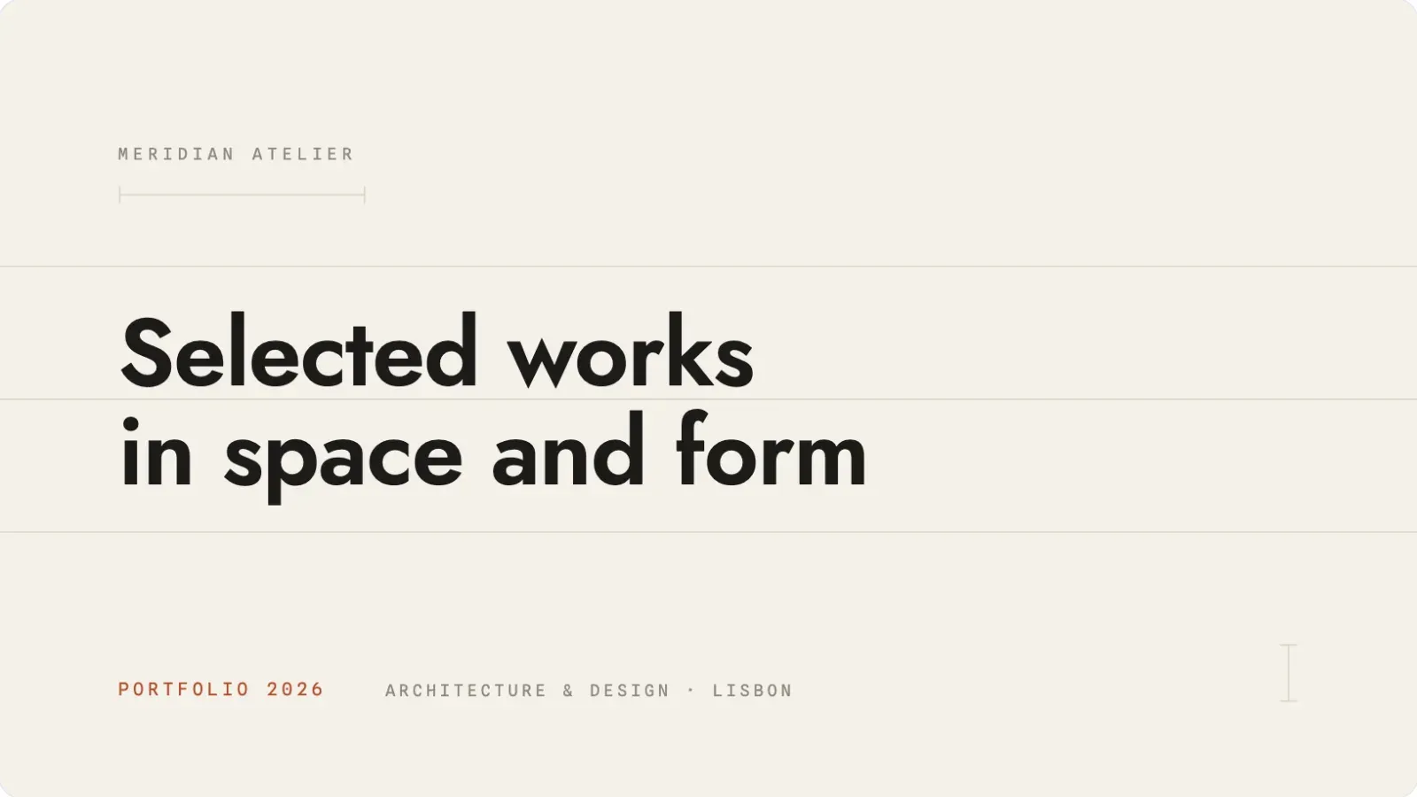 A refined editorial portfolio title slide built from the Atelier DESIGN.md prompt